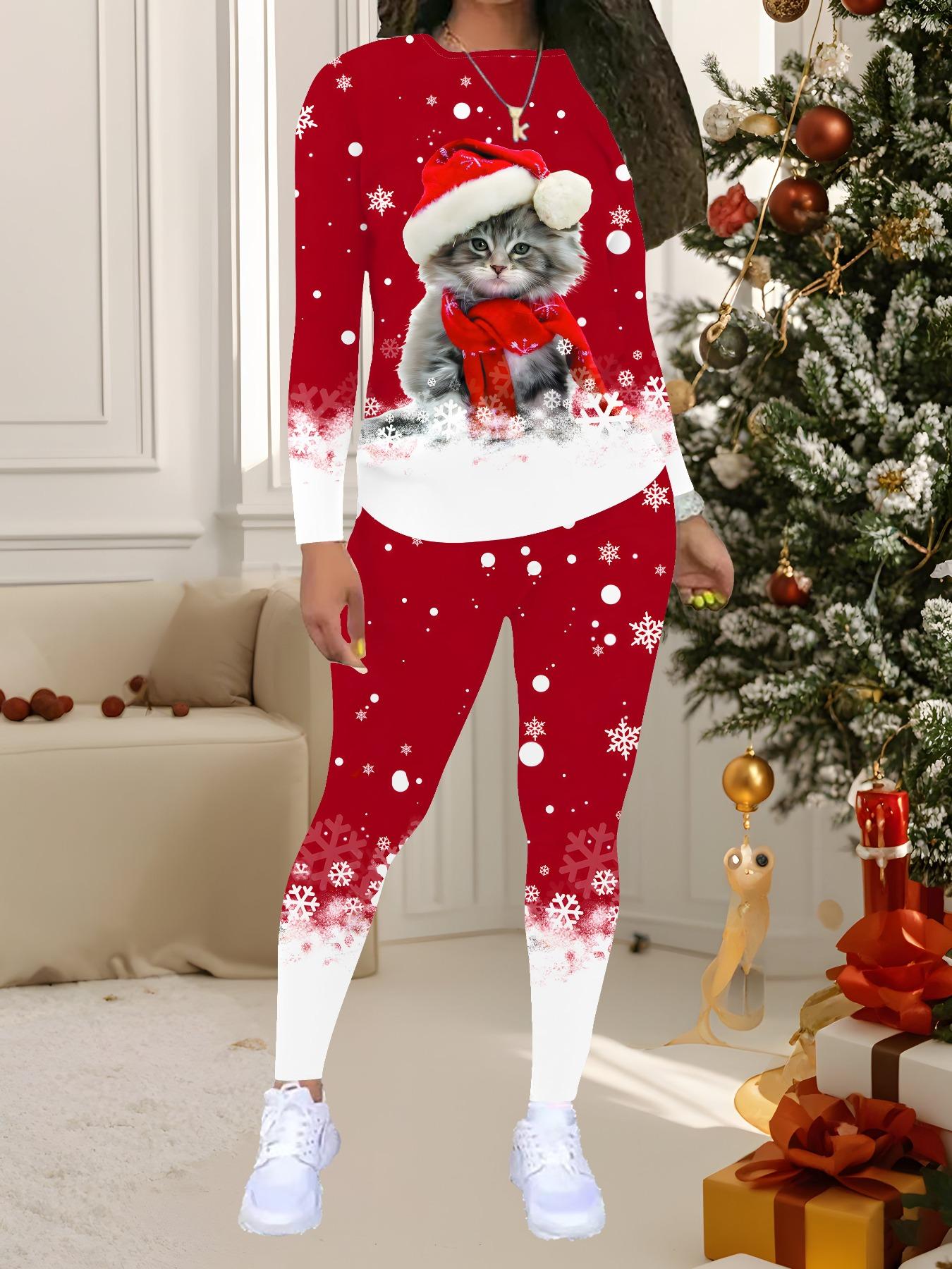 

Женский рождественский костюм-двойка с принтом: Топ с длинным рукавом и круглым вырезом и брюки, праздничный лимитированный повседневный костюм для вечеринки в подарок XXL белый