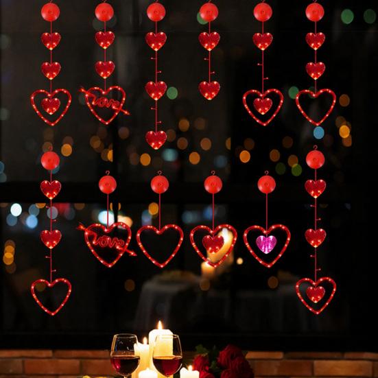 3 Bucăți Lumini Cortină Inimă cu Ventuze Lampă Portabilă Iubire Lumini Fereastră de Ziua Îndrăgostiților cu Telecomandă Iluminat Festiv Romantic