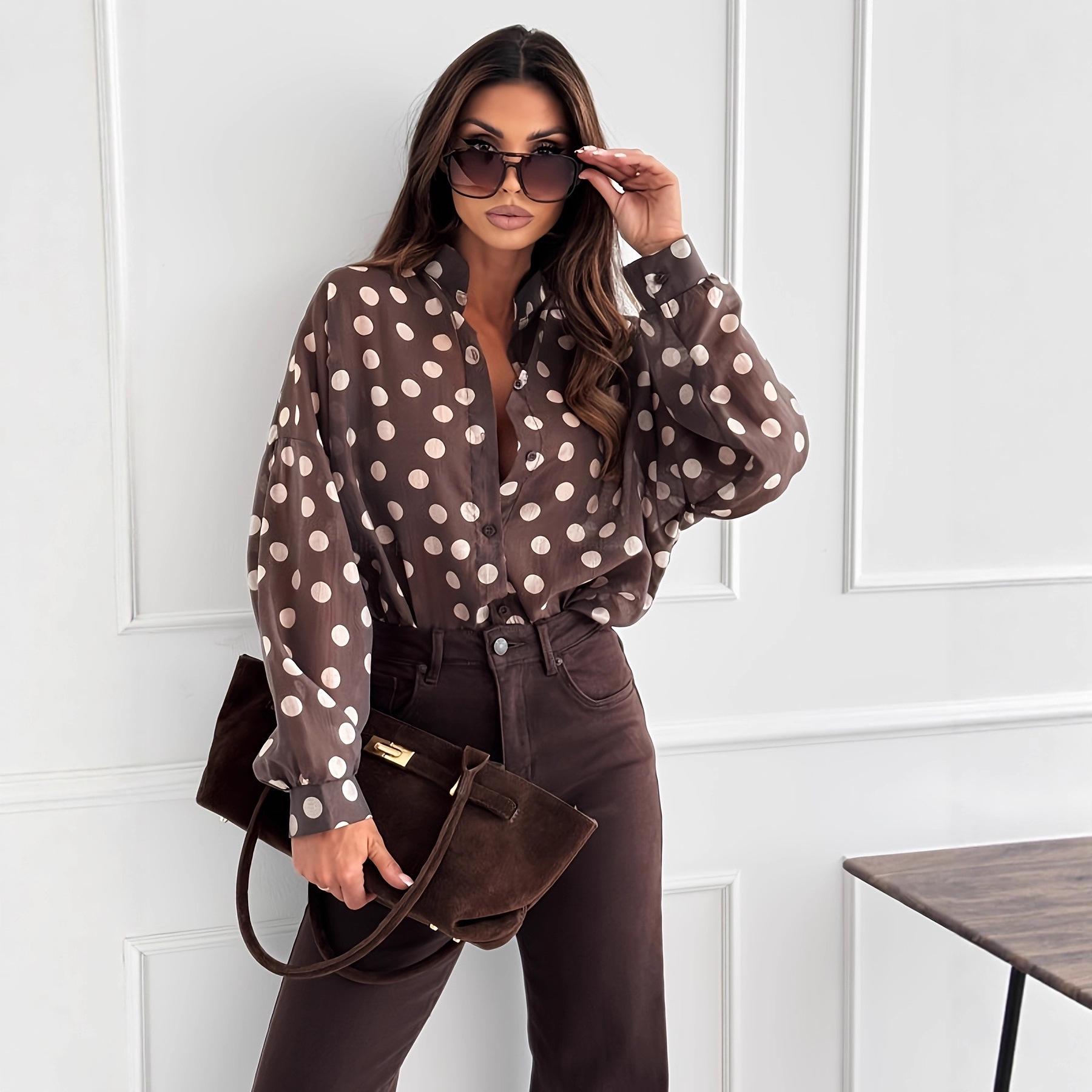Elegant Women s Polka Dot Waist-Cinched Long-Sleeve Shirt XXL