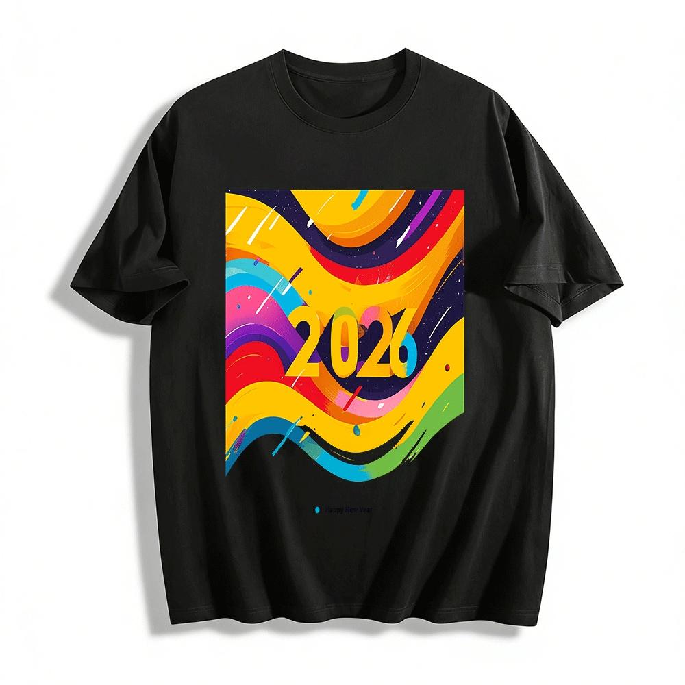 2026 New Year Themed Trendy Print Casual Unisex Long Sleeve T-Shirt Pure cotton T-shirt XXS
