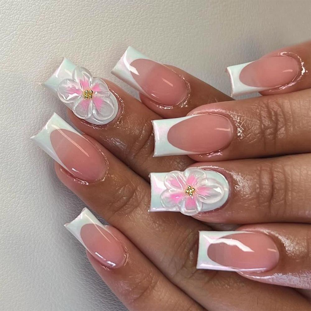 French White Wearing Nail 3D Flower Coating Nail Art Nail Pieces Hot Selling Medium and Long Square False Nails