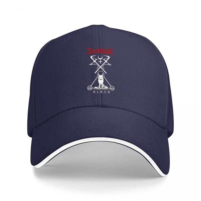 

Trenchcoat Brand Black Baseball Cap with Wolf and Crossed Swords Design White Trim Adjustable Fit for Unisex and Women Adjustable