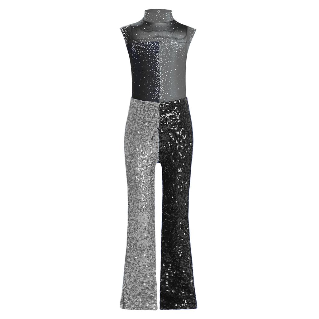 Mädchen Jazz Jumpsuit Ärmellos Mock Neck Keyhole Rücken Design Glitzernder Farbblock Pailletten Bühnenkostüm