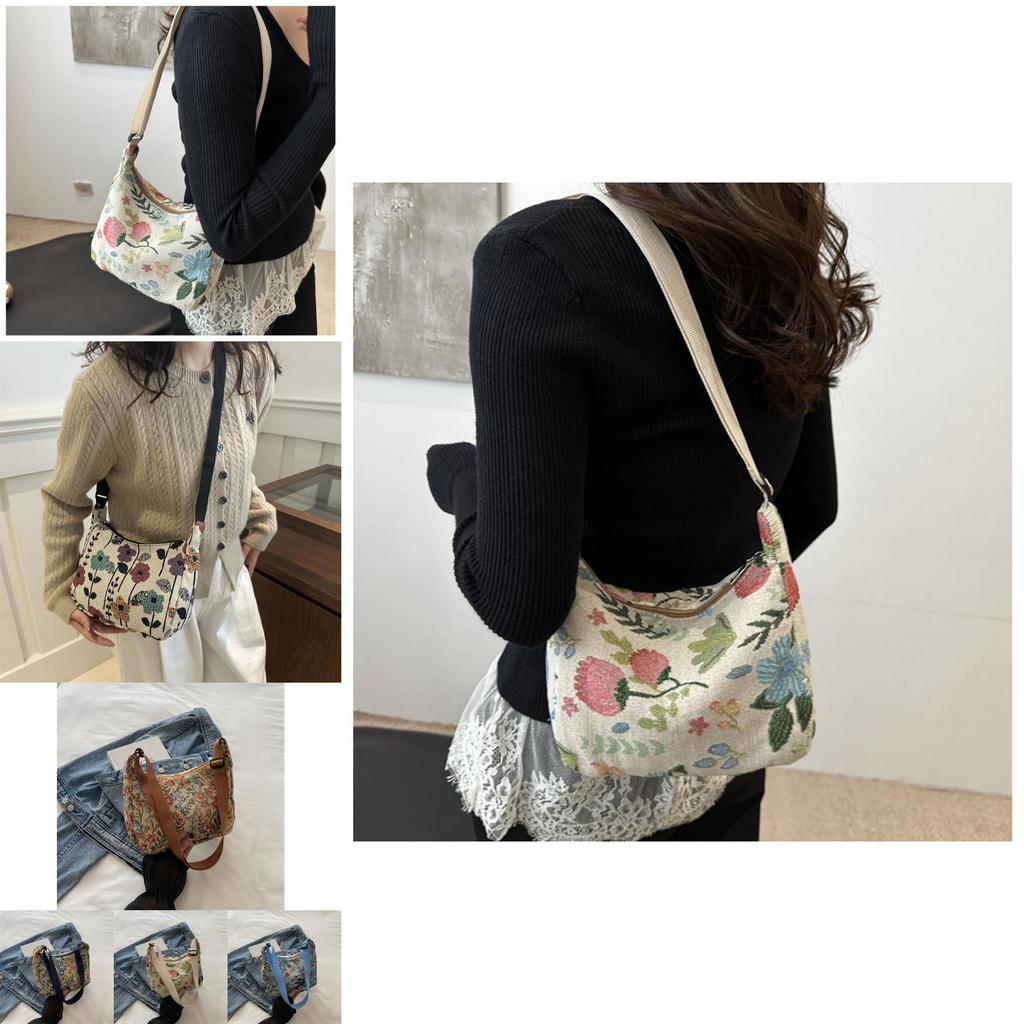 Stylish Casual Artistic Printed Crescent Bag In Deep Blue And Cream For Trendy Outings