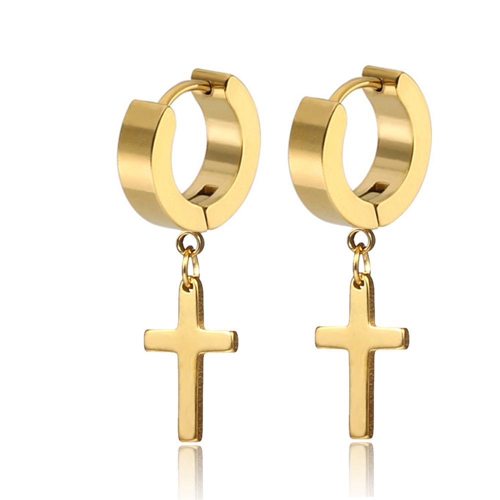 WKOUD 2PCS Stainless Steel No Piercing Cross For Men Kpop Clip On Cross Earring Gothic Punk Fake Ear Cuff Cross Earring Dangle