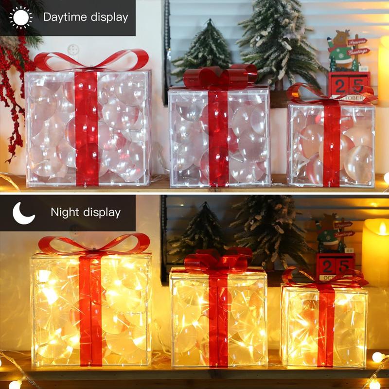 Christmas Lighted Gift Box With Bow Transparent LED Warm White Box Lights for Indoor Holiday Home Decoration Xmas Tree Ornaments