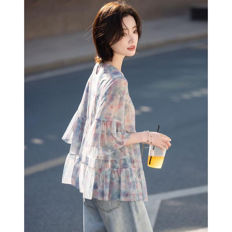 Women s Summer Ruffle Sleeve Printed Blouse M
