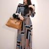 Vintage Print Shirt Dresses Women Elegant Single-Breasted Long Sleeve Lapel Belt Bow Long Robe