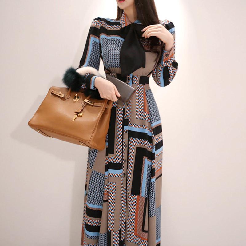 Vintage Print Shirt Dresses Women Elegant Single-Breasted Long Sleeve Lapel Belt Bow Long Robe