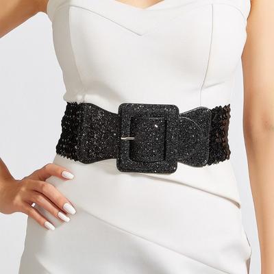 Cummerbunds Élastiques Brillants Boucle Carrée en Métal Large Ceinture Corset de Taille Ceintures Décoratives Robe
