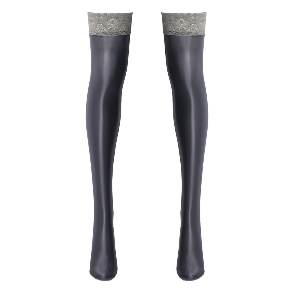 Damen Glänzende Spitze Besatz Oberschenkelhohe Socken Anti-Rutsch Silikon Strümpfe