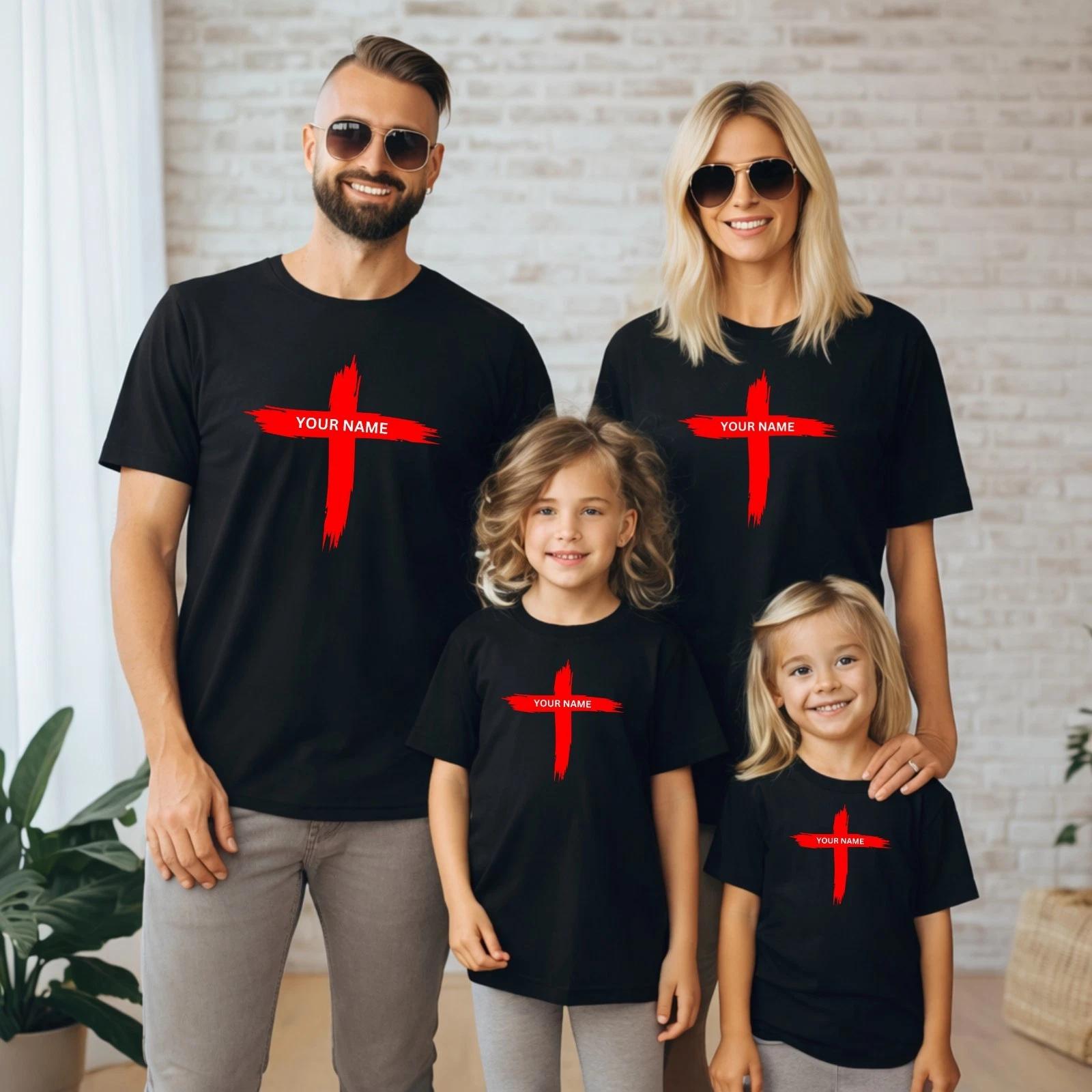 

Personalised Cross T-Shirt Family Matching Easter Christian Black Cotton Top M