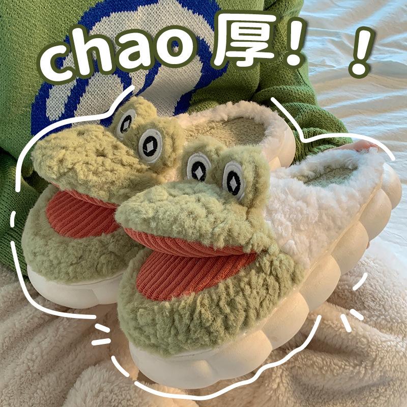 Cotton shoe bag heel women's 2025 new big-mouthed frog cute cartoon plush thickened couple autumn and winter cotton slippers men