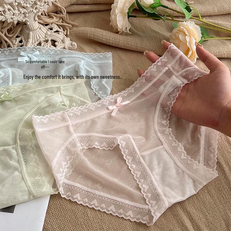 French Lace Ice Silk Mid-Waist Panties - Women's Sexy Semi-Transparent Seamless Briefs with Soft, Breathable Crotch
