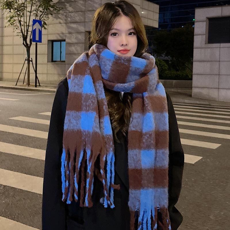Women's Winter Mohair Plaid Scarf - Thick, Warm & Trendy Korean Style Neck Gaiter