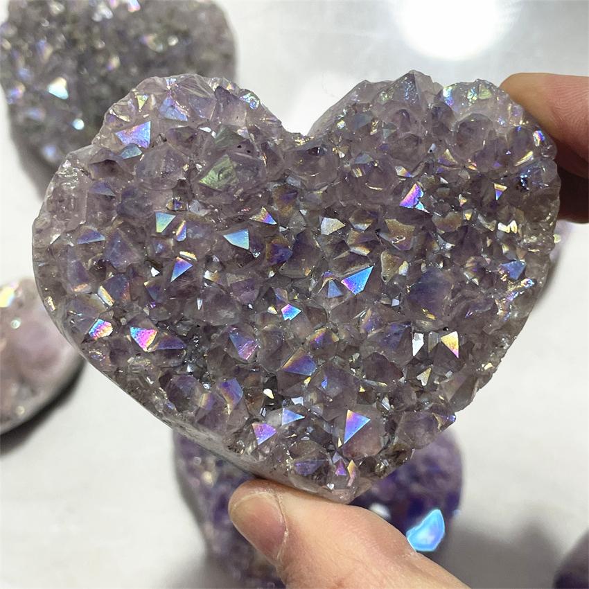 1pcs Amethyst Geode Heart Shaped Crystal Healing Crystals Stones Titanium Rainbow Aura Amethyst Cluster Angel Aura Quartz