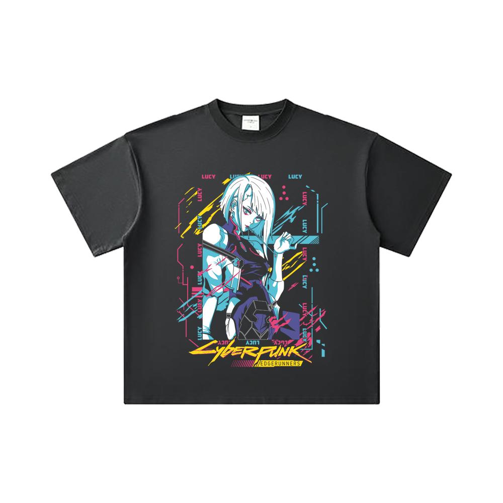 260 GSM Dubbel Garen 32 Count 100% Katoen Cyberpunk Edgerunners V1 Lucy Print Unisex Zwaar Katoen T-shirt