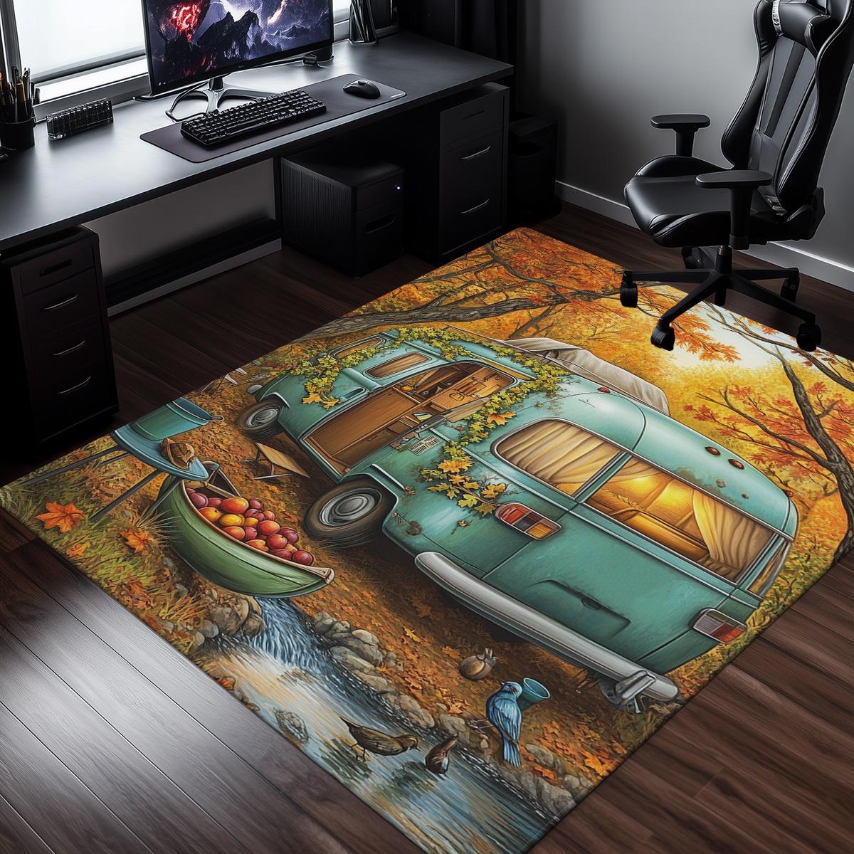 

Autumn campervan harvest scene crystal velvet rug fall season carpet vintage van design living room home decor floor mat 50cm x 80cm