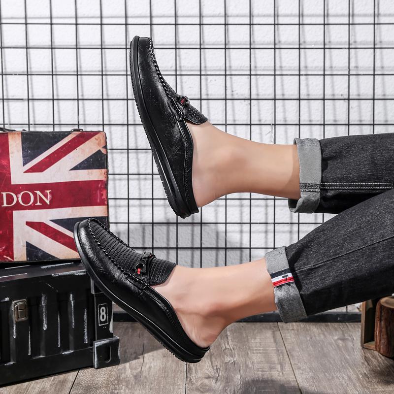 Men's Genuine Leather Mule Shoes Casual Slip-On Loafers for Men Comfortable Outdoor Walking Shoes Non-Slip Mens Slip on Flats