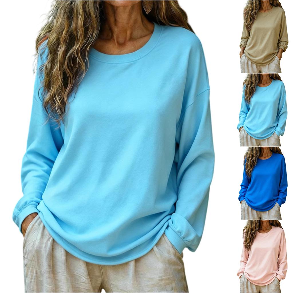Women's Fashionable And Casual Loose Solid Color Long Sleeved Round Neck Pullover Top
