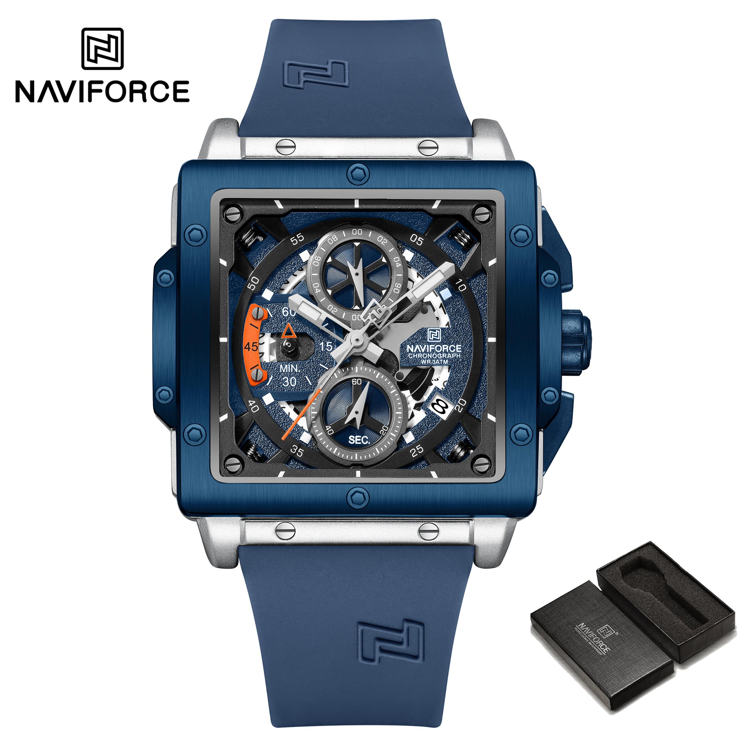 

Naviforce Оригинальные мужские часы Кварцевые часы с календарем Квадратный резиновый ремешок Люминесцентные Водонепроницаемость 30 м Полые Уличные Модные мужские часы NF8064 серебряный/синий