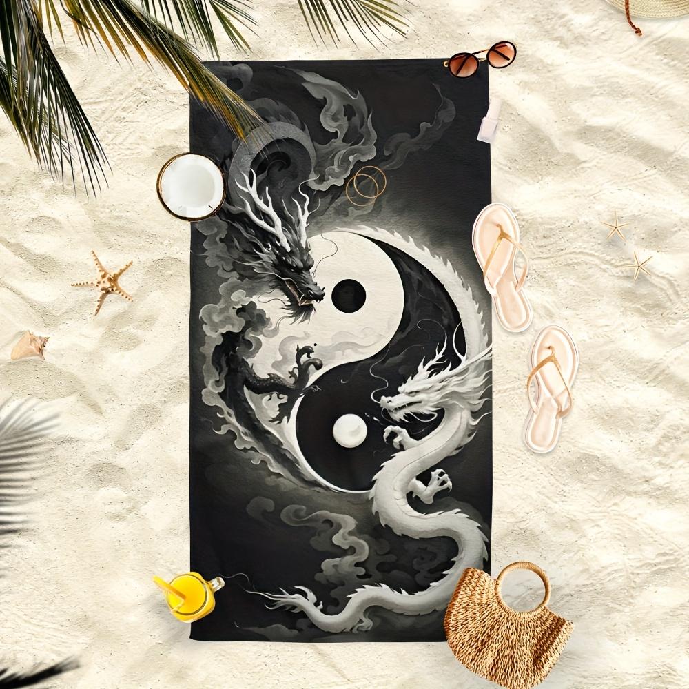 1PC Toalla de Playa Yin Yang Dragón Blanco y Negro Poliéster, Toalla de Viaje Suave de Secado Rápido para Hombres Mujeres, Ligera para Natación Bea
