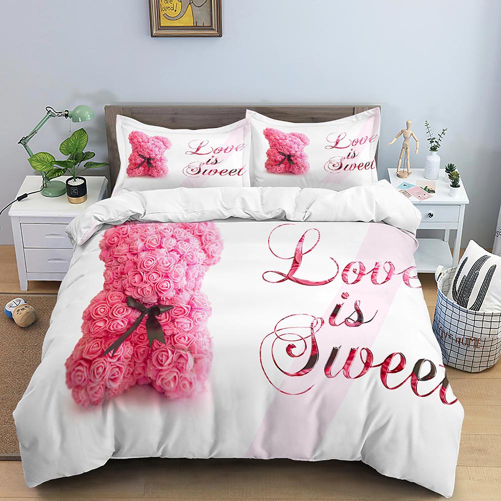 3D Romantiskt Alla hjärtans dag Påslakan Röd Ros Björn Tryckt Påslakan för Flicka Queen Quiltöverdrag Kuddfodral Lyxigt Överdragset