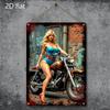 Retro Motorcycle Metal Wall Art Blue Dress Blonde Rider On Red Bike Vintage Garage Decor Sturdy Metal Easy Hang