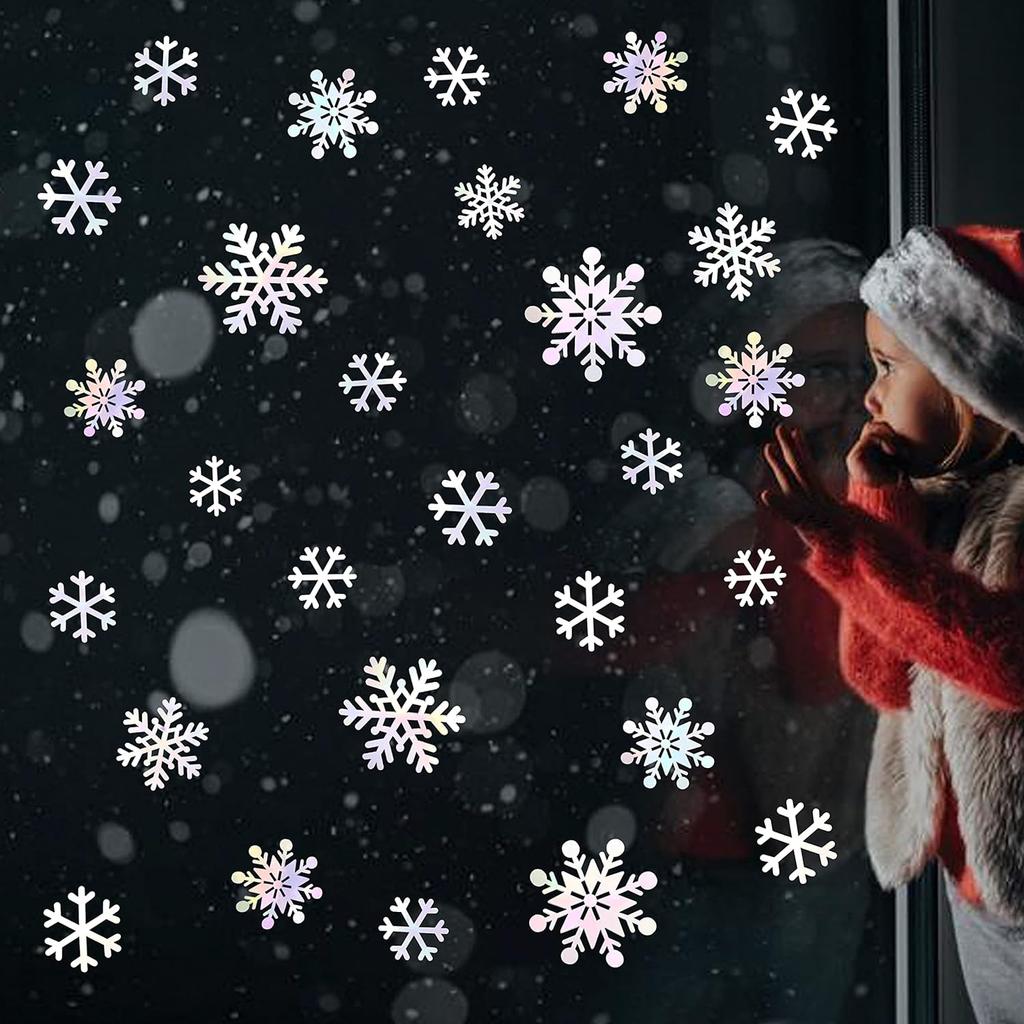 pinkblume 72pcs Iridescent White 3D Snowflake Wall Stickers Holographic Snowflakes Wall Decals for Winter Wonderland Christmas Frozen Nursery Xmas