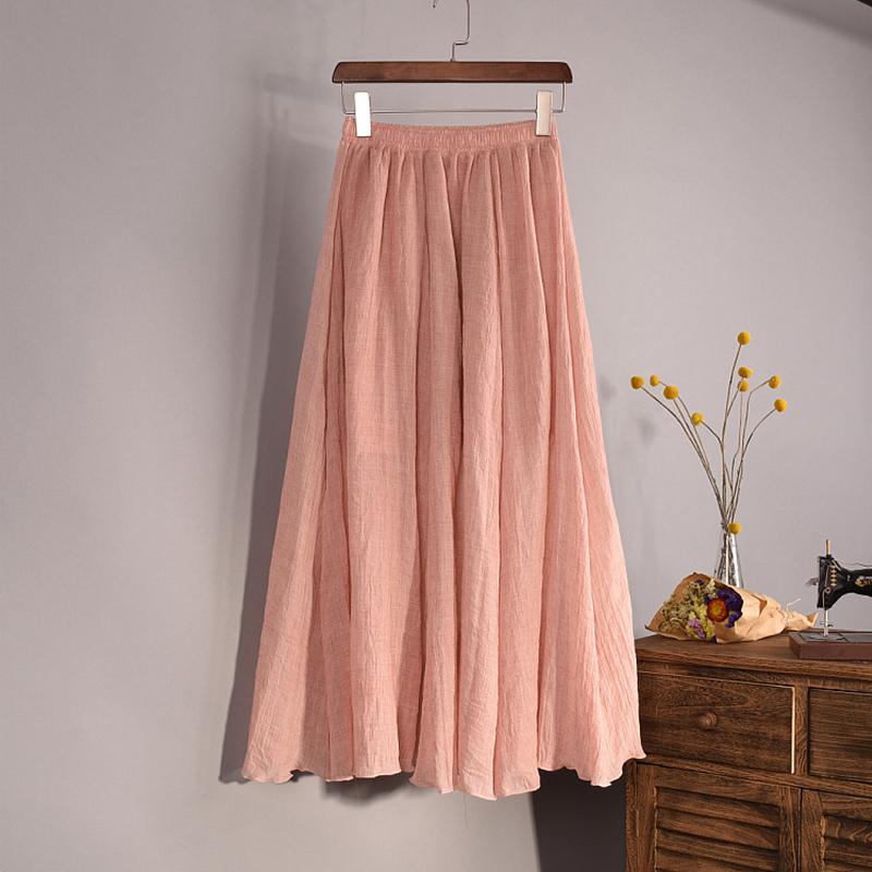 Vintage Solid Pleated Long Skirts Cotton Linen Maxi Skirt for Women Summer Elastic Waist  Girls Boho Beach Skirt A-Line Skirt