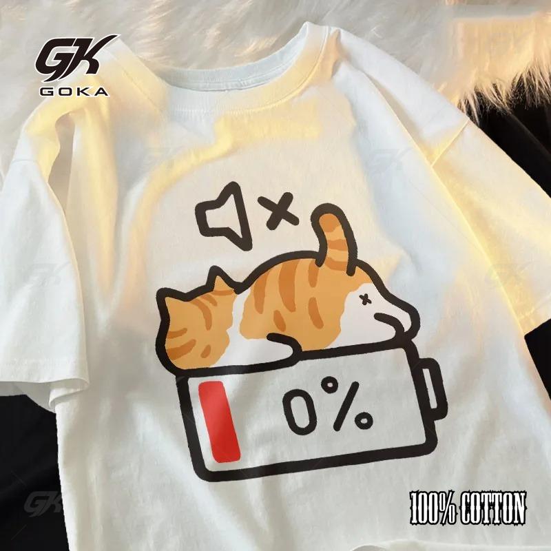 

Летняя футболка из 100% чистого хлопка в стиле ретро с принтом кошки, свободная, с коротким рукавом, женская, летний топ с круглым вырезом S