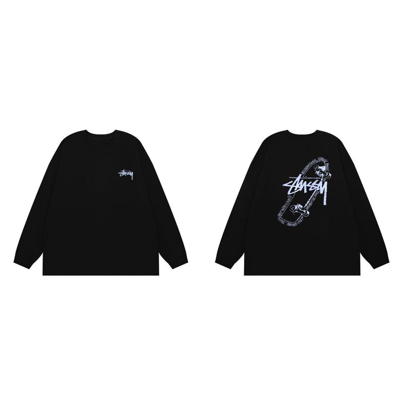 Stussy Style Graphic Print Crew Neck Long Sleeve T-Shirt Men Women Casual Loose Fit Basic Top