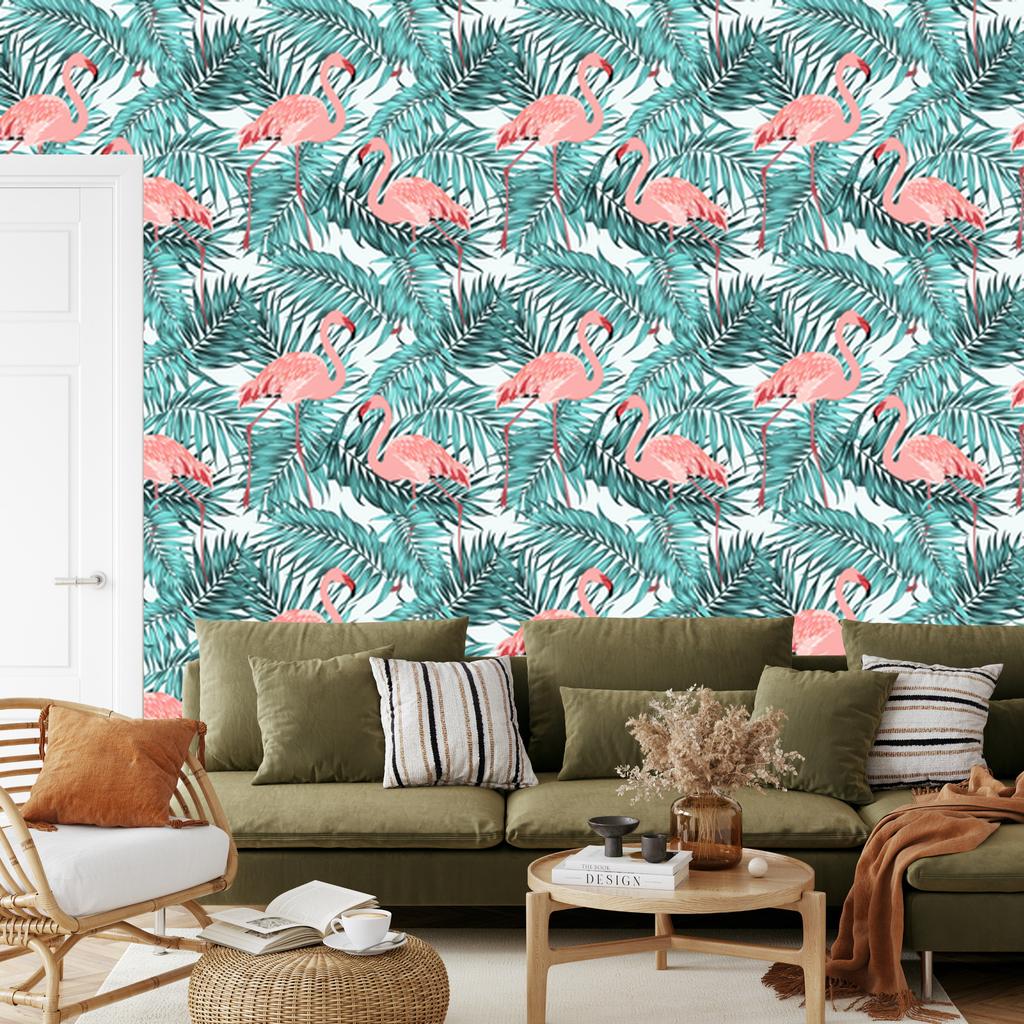 Leaves with flamingos wallpaper for living room and bedroom 50x1000