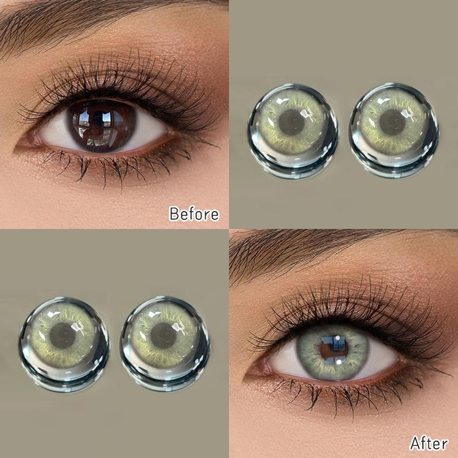 FreshLady 1 Pair (2pcs) 14.2mm Yearly Disposable 40% Water Content Colored Contact Lenses, Green, Gray, Brown