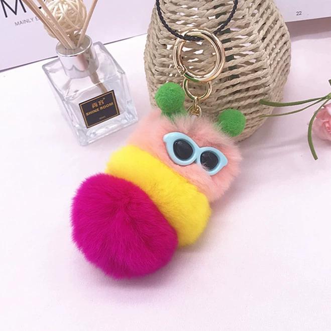Rex Rabbit Colorful Caterpillar Plush Bag Pendant Keychain Creative Cute Female Mink Jewelry Gift
