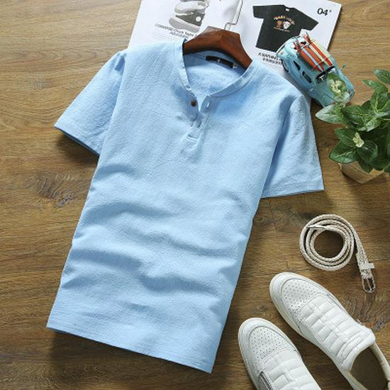 Men's Summer Cotton Linen V-neck T-shirt and Pants Two-piece Set - Plus Size