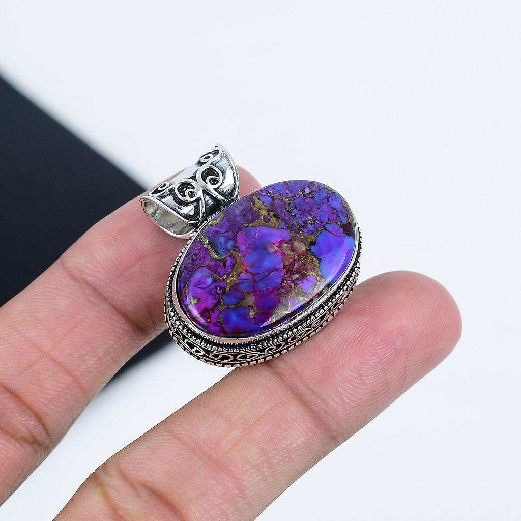 Purple Copper Turquoise Gemstone Silver Pendant in 925 Sterling Silver - Handmade Oval Design, Everyday Wear Jewelry Gift For Wife