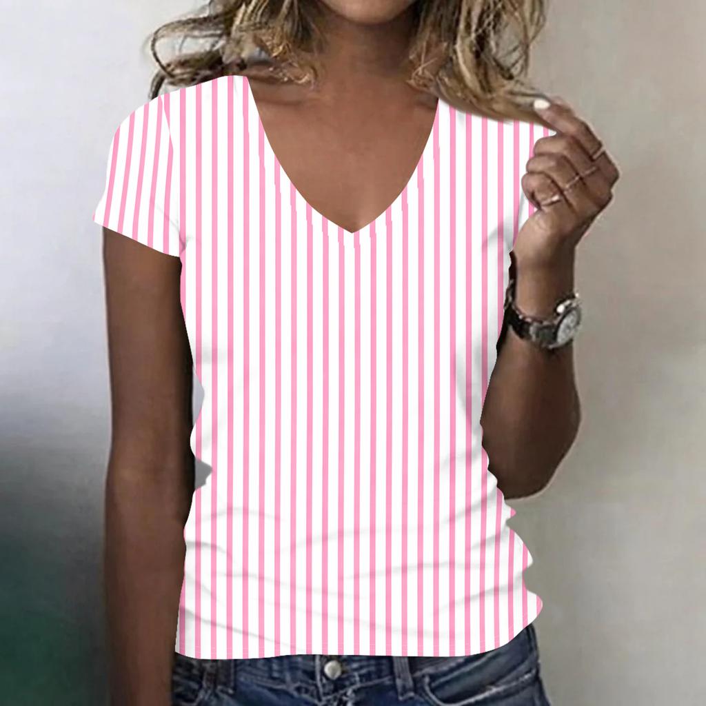 Women's Fashionable Casual V-neck Short-sleeved Striped Print Slim-fit Lightweight T-shirt Top
