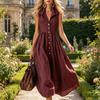 Summer Maxi Shirt Dress for Women Sleeveless Button Down Lapel Long Dress Beach Vacation A-line Flowy Sundress with Pockets