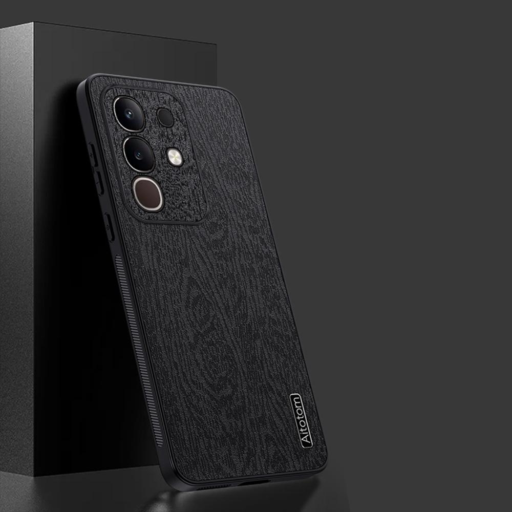 

For vivo iQOO Z10x 5G Case Wood Texture PU Leather Coated PC TPU Phone Cover Brown