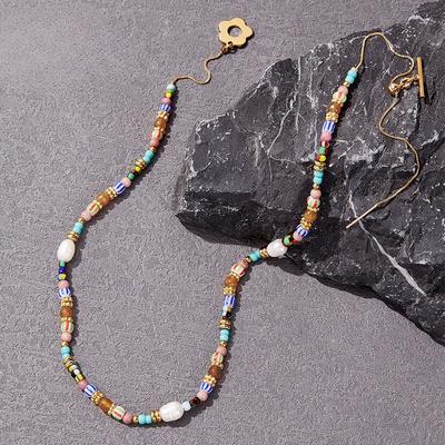 GEMCHIC Women's Bohemian Style Colorful Natural Stone Beaded Layering Necklace with Fresh Sweet Water Pearl Collar Chain