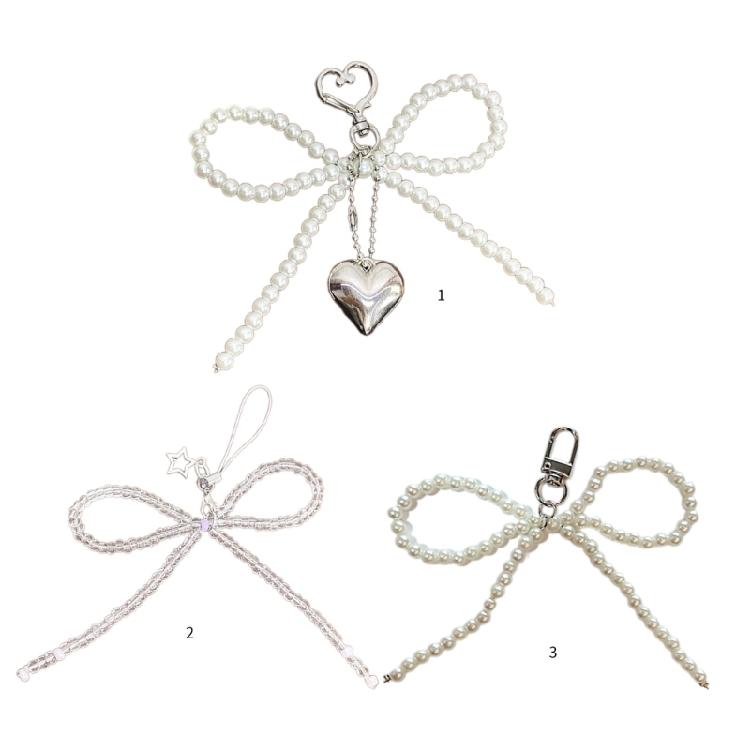 Unique Keyring Decoration with Bead Bowknot Heart Decorative Keychain for Bag
