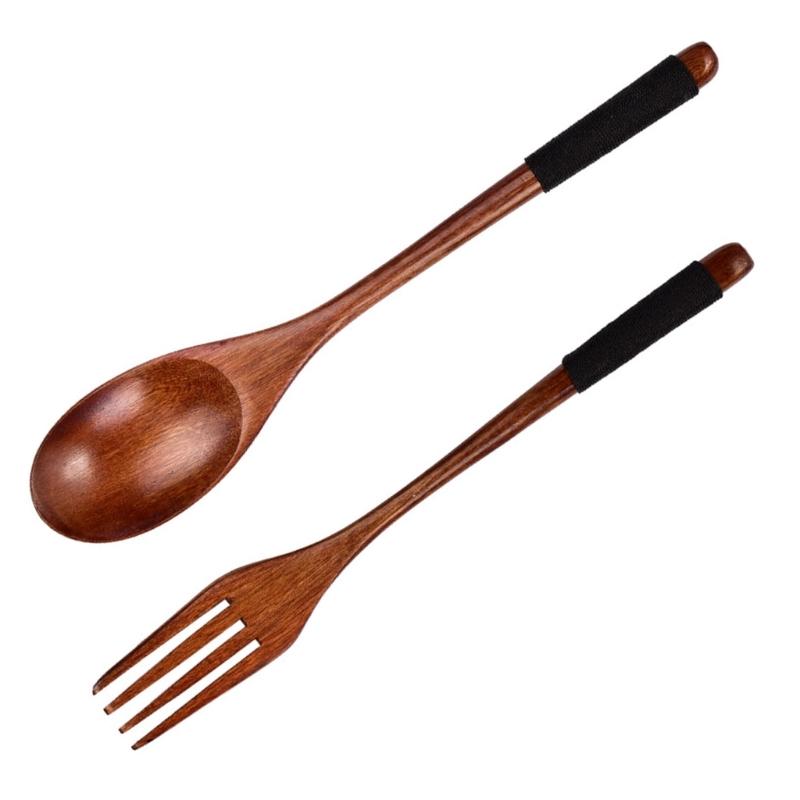652F Natural Finish Wooden Cutlery Set Extended Handle Design For Soup Pastas Dishes