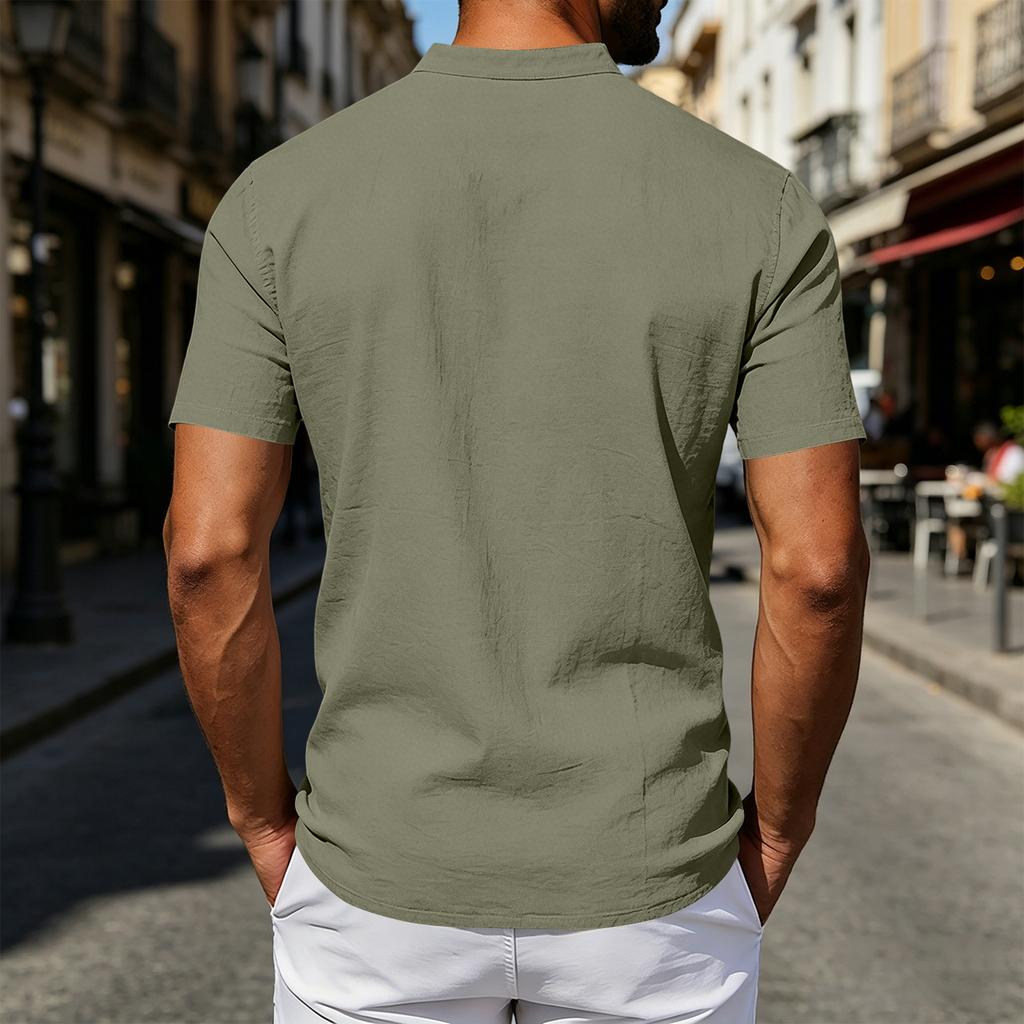 Mens Linen Shirt Short Sleeve Stand Collar Casual Loose Fit Breathable Lightweight Button Down Top with Chest Pocket