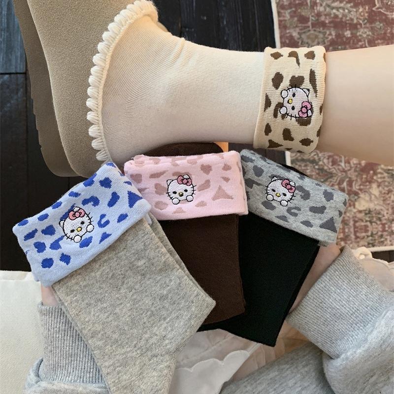 

Sweet And Cool Little Cute~ Cartoon Cat Cuffed Mid-Leg Socks Trendy Leopard Print Fashion To Wear Piles Of Socks When Going Out On The Street One size fits all чорний