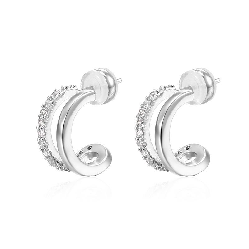 Elegant Double-Layered Rhinestone C-Shaped Earrings - Versatile Gold/Silver Ear Clips for Women