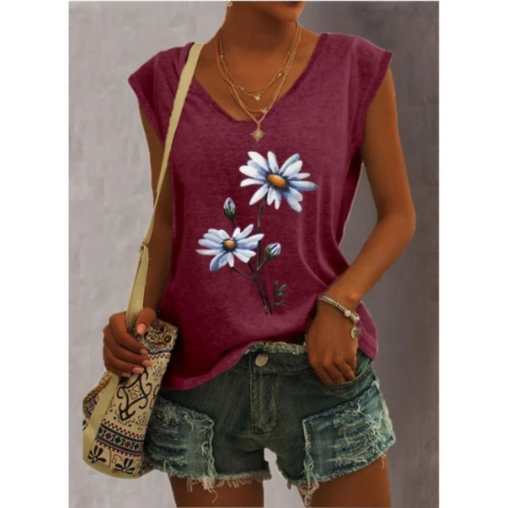Summer Women 5 Color Ladies Fashion Floral Print Casual Tank Top Loose Sleeveless Tank Top V Neck Female T Shirt
