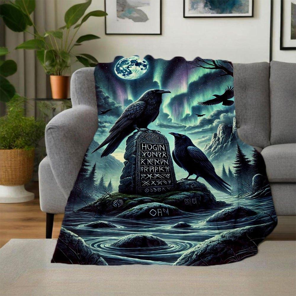 "Midnight Mystique: Raven Statue with Norse Runes - Perfect for Fantasy Enthusiasts"Blanket Flannel Throw Blanket for Sofa, Bed, Travel, Cam