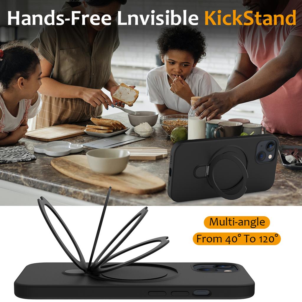 For iPhone 13 Case PC+Silicone Kickstand Magnetic Phone Cover