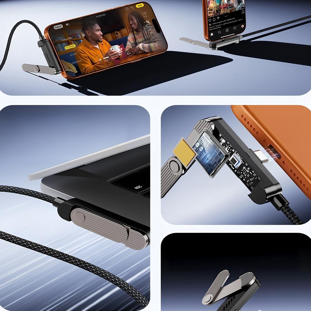 111W 1 in 1 USB A/Type C Fast Charging Cable With Foldable Phone Holder Type-C Quick Charge Data Wire For IPhone11 16 17 Samsung